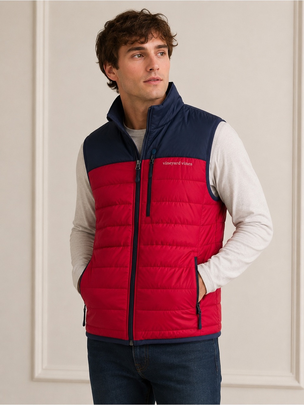 Vineyard Vines Performance Fleece Lined Vest Red Blue Colorblock Size XS